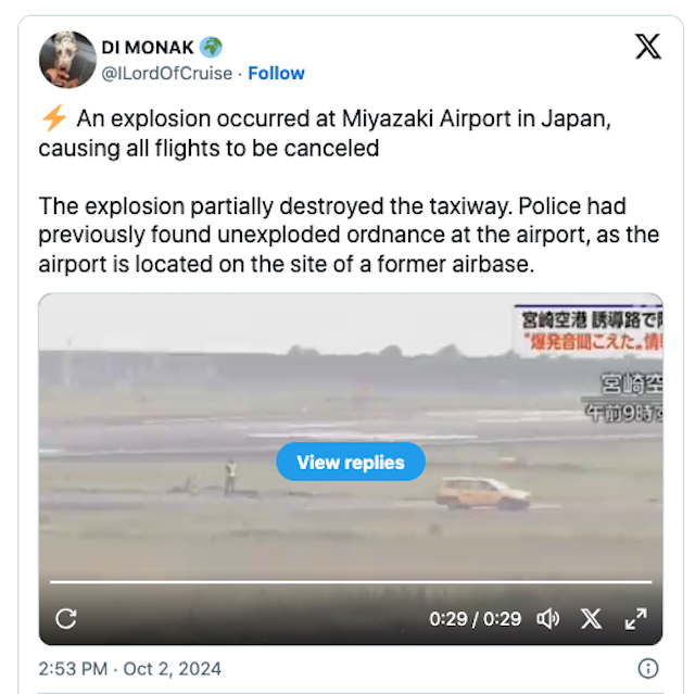 Explosion d'une bombe américaine de la Seconde Guerre mondiale à l'aéroport de Miyazaki, au Japon : 87 vols annulés 1 Air Journal