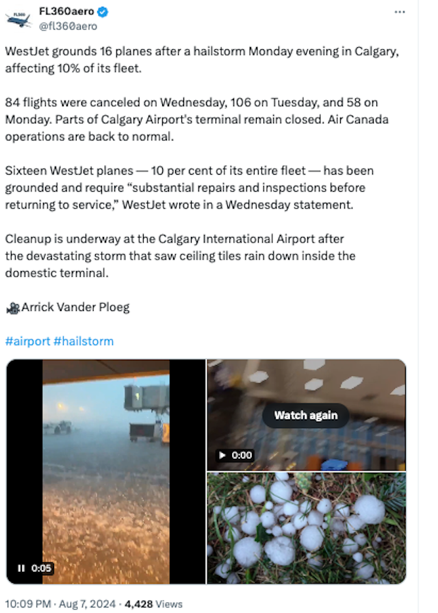 Westjet immobilise 10 % de sa flotte après des dommages « importants » après une violente tempête de grêle à l'aéroport de Calgary 1 Air Journal