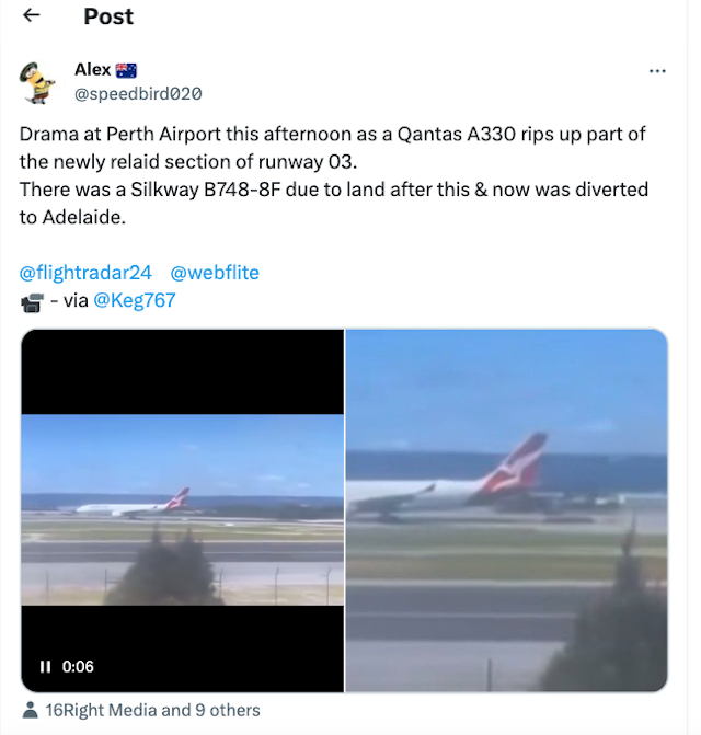 L'A330 de Qantas endommage la piste de l'aéroport de Perth lors du décollage (vidéo) 1 Air Journal