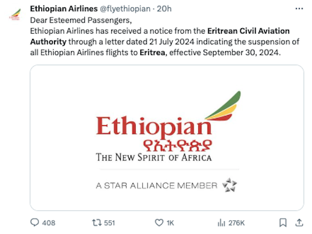 Ethiopian Airlines annonce que l’Érythrée lui a demandé de suspendre les vols vers son pays 1 Air Journal