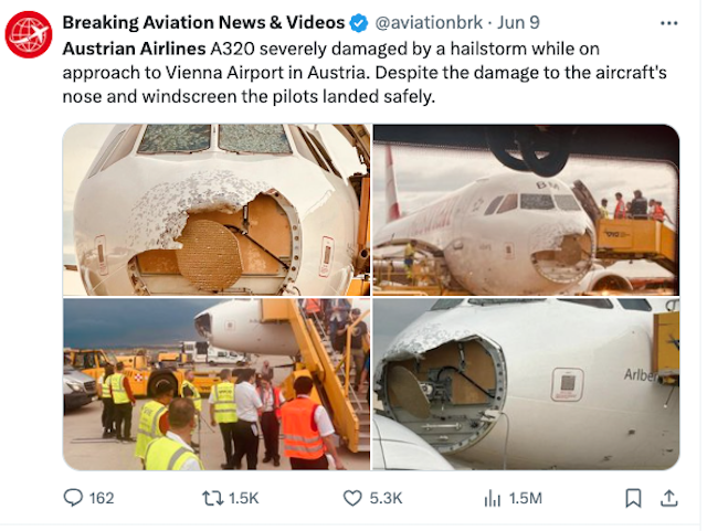 Le nez d’un A320 d'Austrian Airlines gravement endommagé lors d'une violente tempête de grêle 1 Air Journal