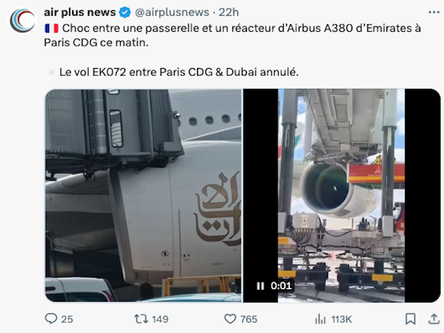 Un A380 d'Emirates entre en collision avec une passerelle à Paris CDG 1 Air Journal